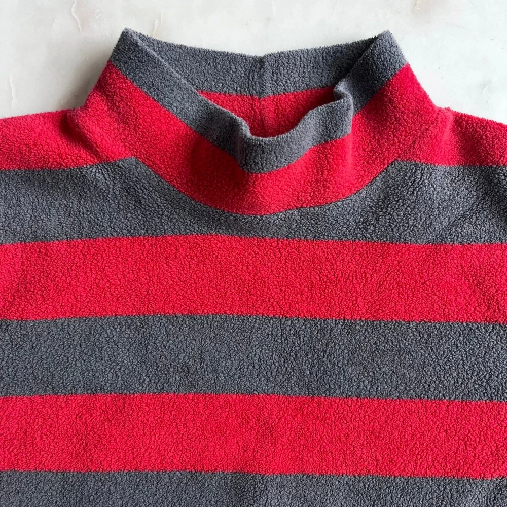 Mini Boden Mock Neck Striped Fleece Pullover Sweater Red‎ Gray Stripes size 7-8Y